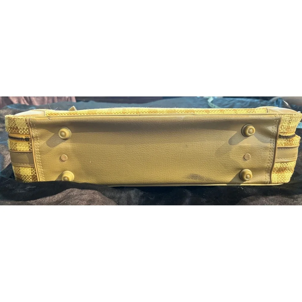 Vintage Plaid Suitcase Tan Yellow Woven Carry On Luggage Made Japan‎ Mid Century